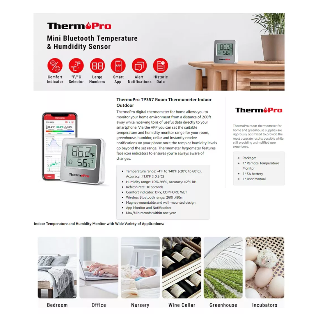 ThermoPro Bluetooth Indoor Humidity & Temperature Monitor TP357